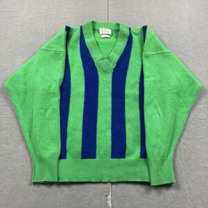 Vintage Hockley Sweater Mens 40 V Neck Pullover Lambswool Striped Green Blue
